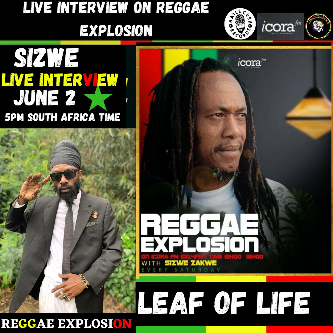 AfroSounds1's tweet photo. Saturday June 2 Leaf of Life live interview and live radio show on Reggae Explosion on Icora. Fm with Sizwe Zakwe ✅
💥5pm south Africa 

#Africa #reggaemusic #SouthAfrica https://t.co/V41PMEVbMD
