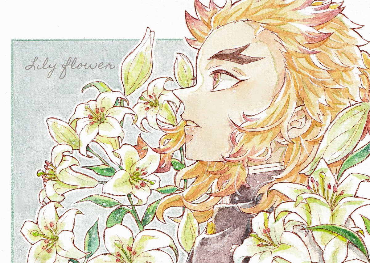 rengoku kyoujurou 1boy male focus solo forked eyebrows flower red hair blonde hair  illustration images