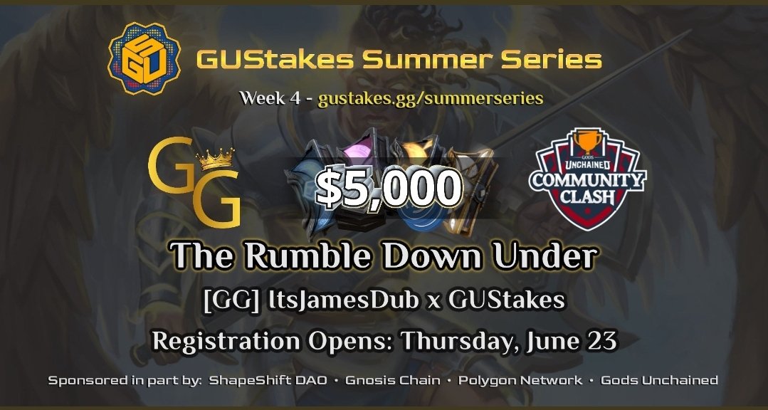 ItsJamesDub's tweet photo. Presenting the @GodsUnchained Rumble Down Under!
📅 Week 4 @gu_stakes Summer series
🥇 +$5000  in Tokens and NFTs!
🎮 Register https://t.co/foqZGUjR8E 📚 Info https://t.co/SUpRPfVSaf
🎁 Retweet to enter Diamond NFT giveaway!
#NFTCommunity #NFTs #web3 #NFTGiveaway #NFT #NFTgaming https://t.co/ONAVrBQDzi