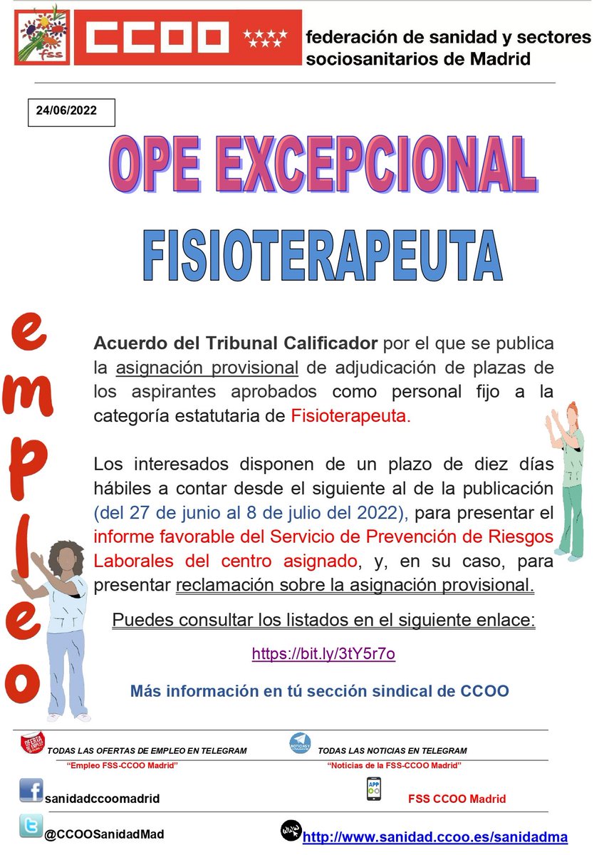 CcooPHierro's tweet photo. Publicada la #asignacion #provisional de adjudicación de #plaza de los aspirantes aprobados cómo #PersonalFijo en la categoría de #Fisioterapeuta.
Hasta el 8 de Julio para presentar informe de #RiesgosLaborales del centro asignado.
#CCOOOnforma #CCOOSeMueve #SindicatoUtil https://t.co/I0Mvw8hrLM