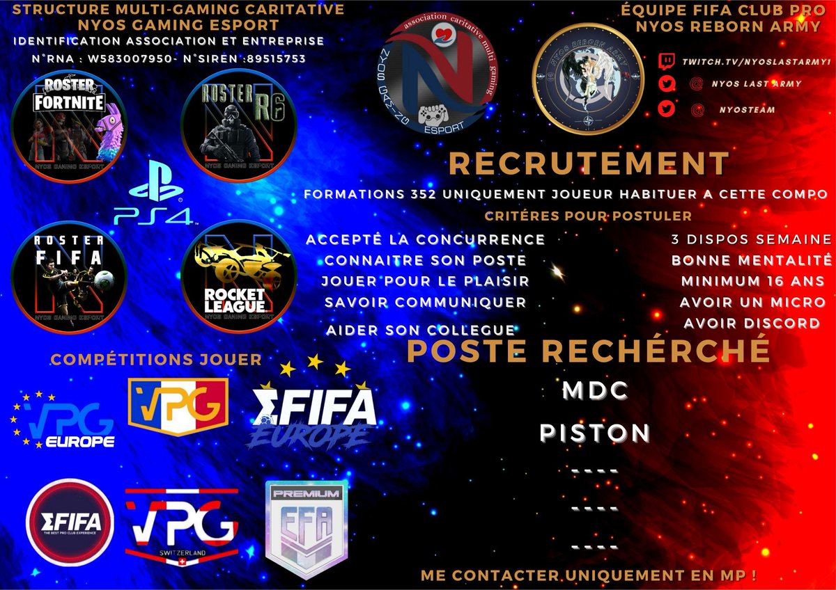 La Nyos Reborn Army recrute !! 
Tu es: 
-Piston 
-Mdc 
Tu recherche un club avec une bonne ambiance,  une bonne mentalité. 
Alors n'hésite pas à me contacté ou à contacté @fabio24517