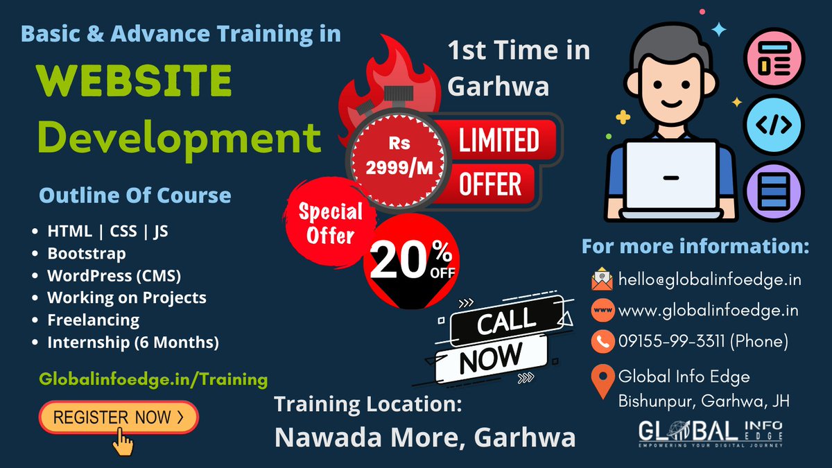 globalinfoedge's tweet photo. A GREAT PLACE TO LEARN 
WEB DESIGNING &amp; DIGITAL MARKETING IN GARHWA
Contact Us:- For Registration
09155-99-3311 (Phone)
https://t.co/wtYOxpcg5j
hello@globalinfoedge.in
Global Info Edge
 Nawada More Bishunpur, Garhwa,
.
#Garhwa #WebDesigning #Nawada_More #Jharkhand  #training https://t.co/4gvUu4Vjva