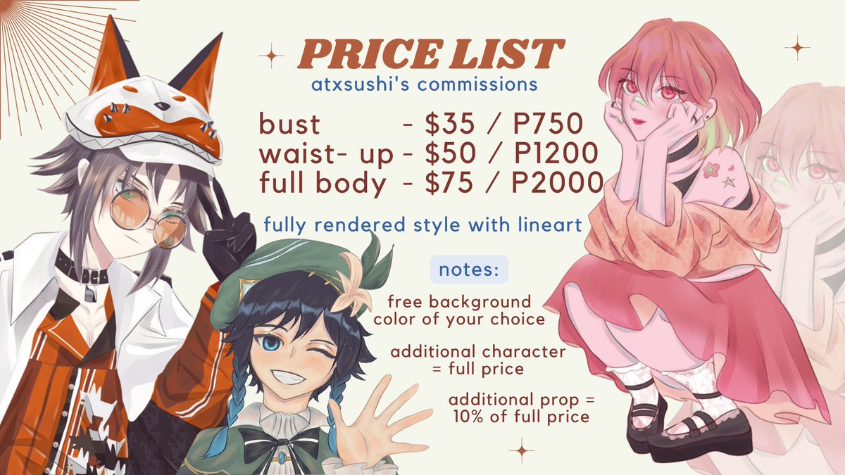 [ rts appreciated! ]

🌟 COMMISSIONS OPEN 🌟

- hello hi hello ! pls help me save for uni and personal funds by commissioning me, maybe for clip studio as well ♡ 

if you want to avail a comm, send me a DM! 🫶🏻 