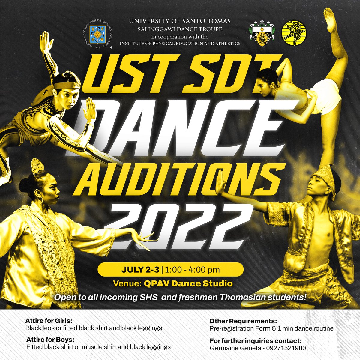 Salinggawi1968's tweet photo. Everyone is welcome! The UST Salinggawi Dance Troupe (Dance) is looking for all aspiring Thomasian dancers ready to show off their dancing talents at the QPav Dance Studio on July 2 &amp; 3 (1-4 PM).

Click on this link to pre-register: https://t.co/HERRD5oV11
See you there! Go USTe! https://t.co/nQ8laRpFYC