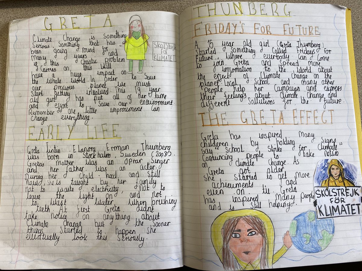 MrSmithWPS's tweet photo. In Y5 @WoodlesfordPri as part of our precious planet topic, we have written biographies of @GretaThunberg and have been inspired to make changes to the way we live to prevent climate change #ClimateCrisis #reallifewriting @MissCollierWPS @mrstraffordwps @MrsMurrayWPS https://t.co/FhvZFUpOMy