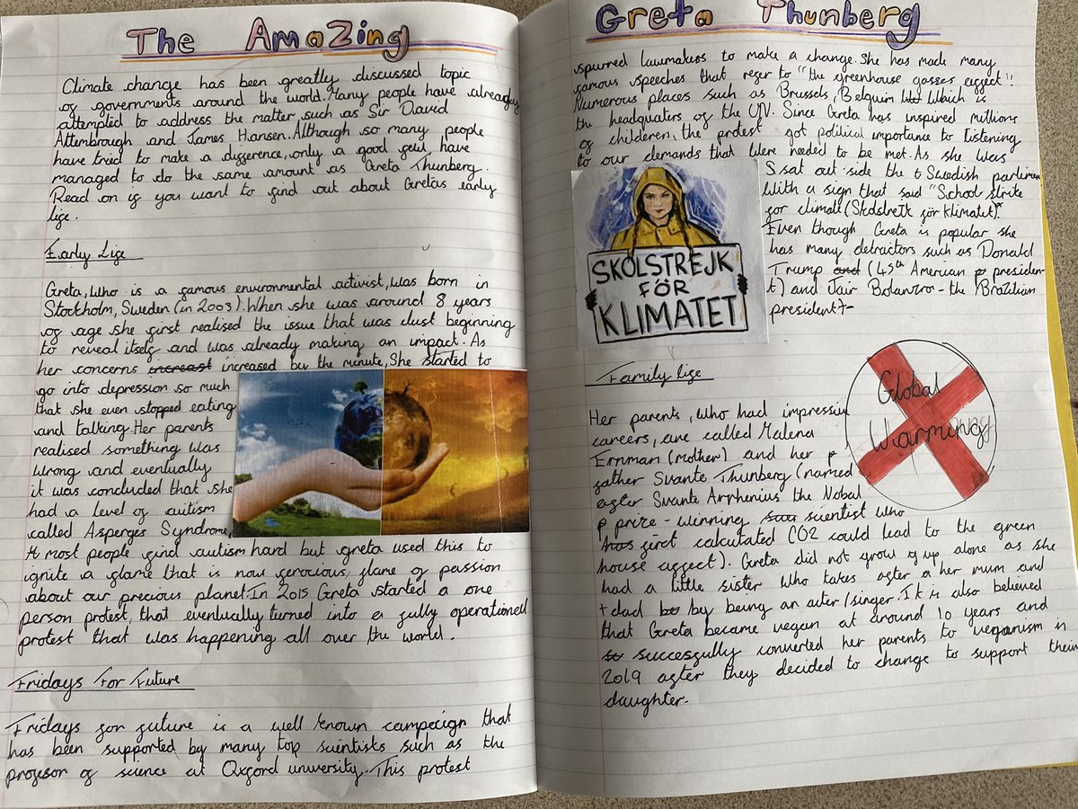 MrSmithWPS's tweet photo. In Y5 @WoodlesfordPri as part of our precious planet topic, we have written biographies of @GretaThunberg and have been inspired to make changes to the way we live to prevent climate change #ClimateCrisis #reallifewriting @MissCollierWPS @mrstraffordwps @MrsMurrayWPS https://t.co/FhvZFUpOMy