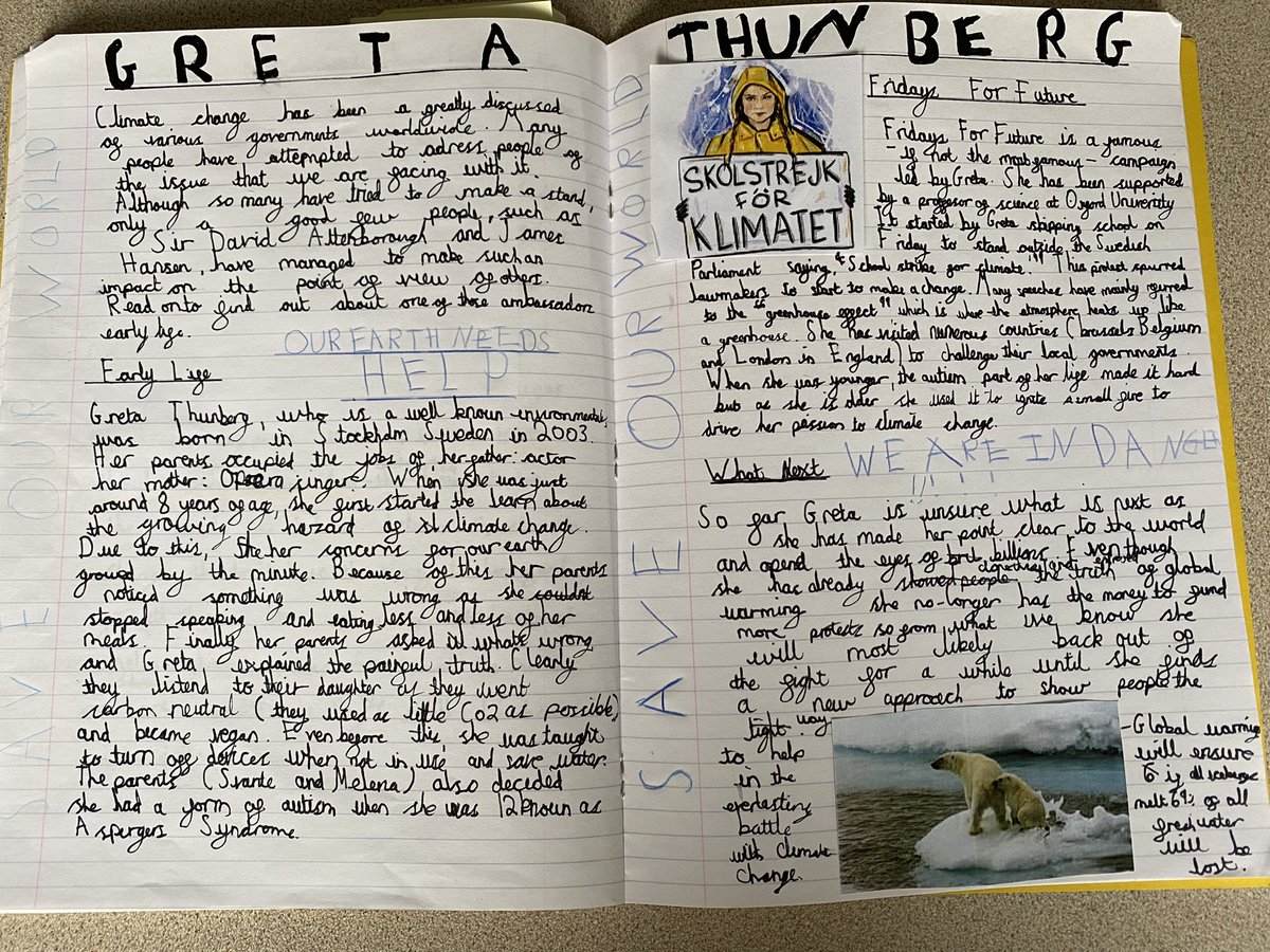MrSmithWPS's tweet photo. In Y5 @WoodlesfordPri as part of our precious planet topic, we have written biographies of @GretaThunberg and have been inspired to make changes to the way we live to prevent climate change #ClimateCrisis #reallifewriting @MissCollierWPS @mrstraffordwps @MrsMurrayWPS https://t.co/FhvZFUpOMy