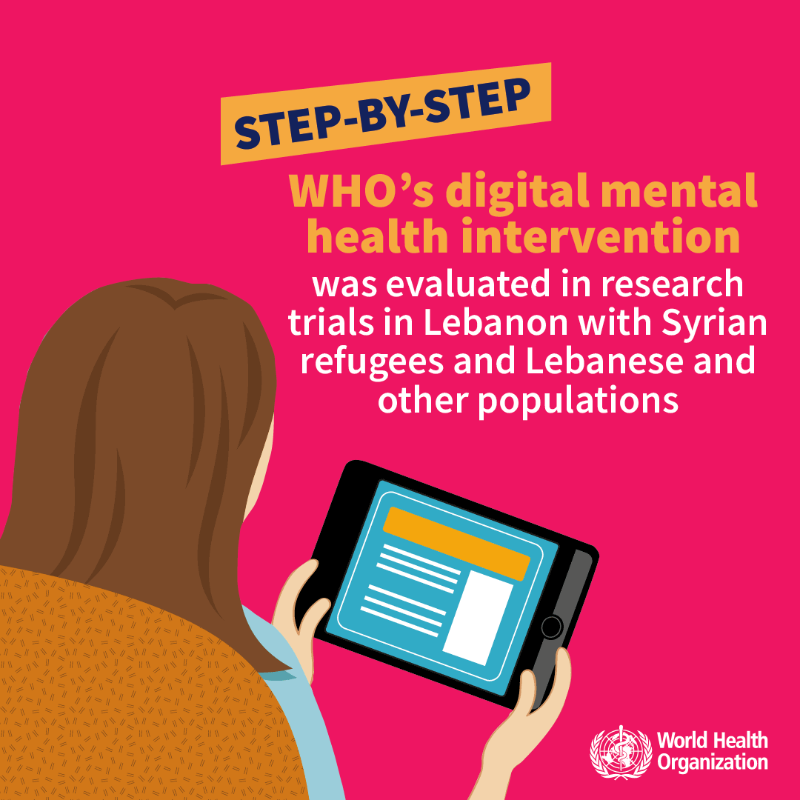 WHO's tweet photo. Step-by-Step, a 🆕 digital #MentalHealth intervention with remote guidance 🤳 from trained non-specialist helpers developed by WHO with the National Mental Health Programme of @mophleb &amp; other partners, helps reduce depression among Syrian refugees in #Lebanon 🇱🇧