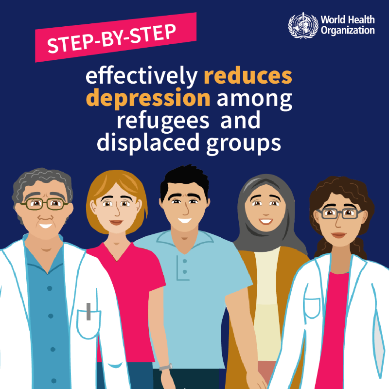 WHO's tweet photo. Step-by-Step, a 🆕 digital #MentalHealth intervention with remote guidance 🤳 from trained non-specialist helpers developed by WHO with the National Mental Health Programme of @mophleb &amp; other partners, helps reduce depression among Syrian refugees in #Lebanon 🇱🇧
