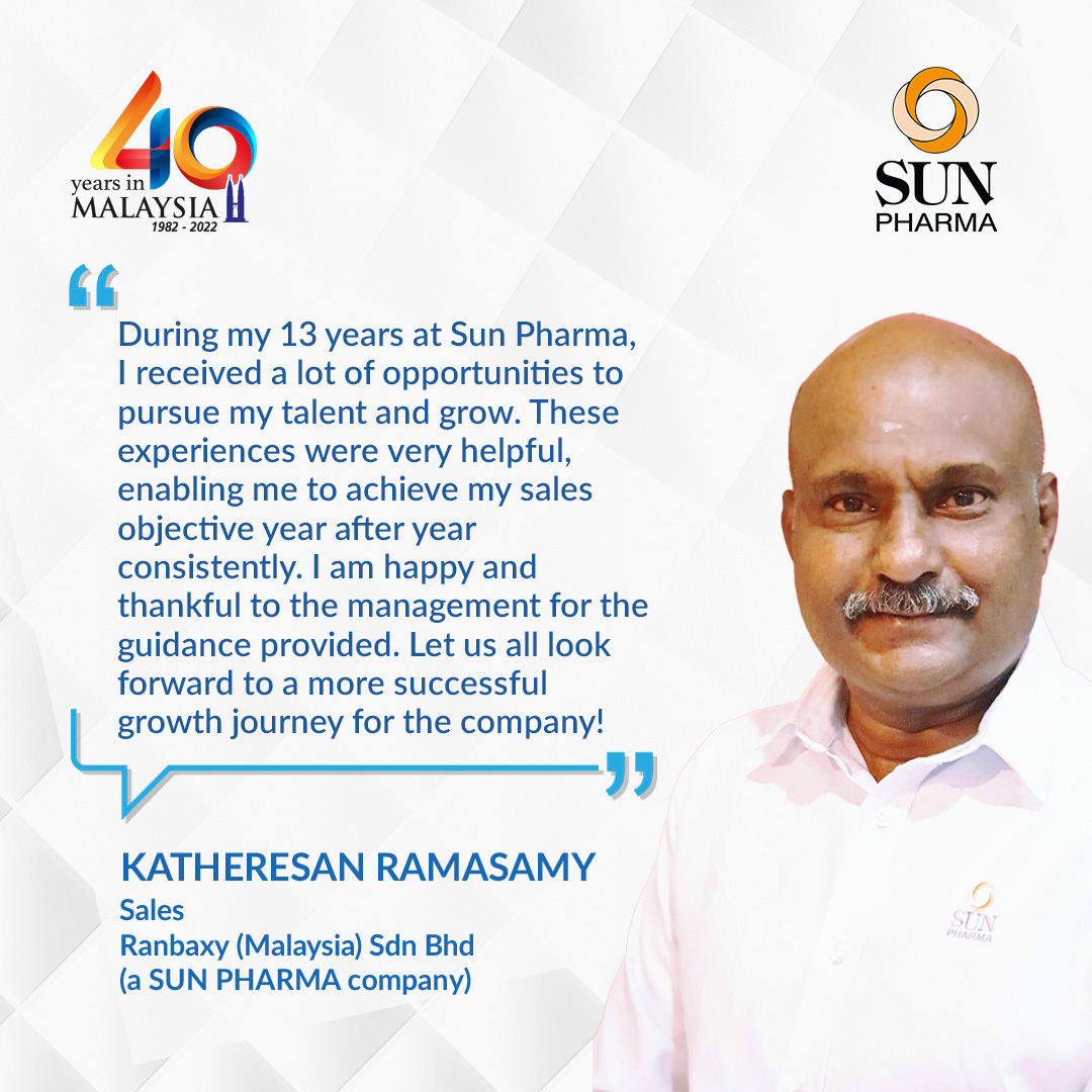 SunPharma_Live's tweet photo. The occasion of 40 successful years in Malaysia marks an important milestone in our journey towards success. Our colleague Katheresan Ramasamy feels happy to share how he has grown with the organisation over the past decade. #SunPharma #WeAreSun #ProudToBeWithSun https://t.co/GWDZvkw3Lf