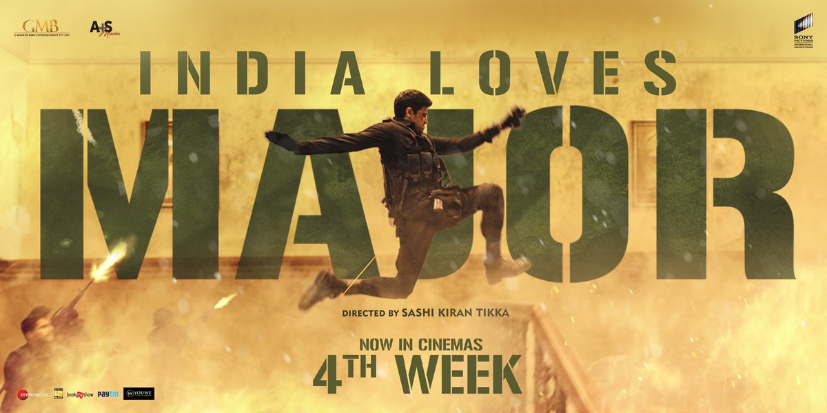 The BIG Screen Experience of our Real Hero, #MajorTheFilm 🇮🇳 enters into 4th Successful week💥 Witness the story of #MajorSandeepUnnikrishnan in Cinemas this Weekend! @AdiviSesh #SobhitaD @SashiTikka @urstrulyMahesh @SonyPicsIndia @GMBents @AplusSMovies #Major