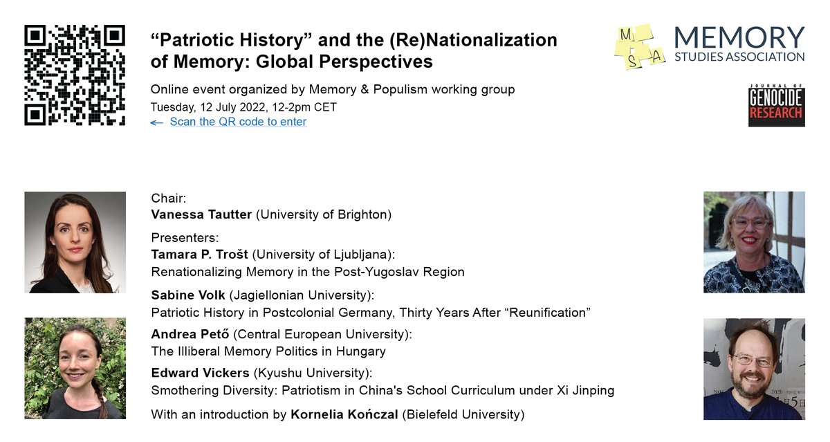 📣 Event alert: In cooperation with the <a href="/JournalGenocide/">Journal of Genocide Research</a> the working group "Memory &amp; Populism" of the <a href="/MemStudiesAssoc/">Memory Studies Association</a> invites for a discussion on "'Patriotic History' and the (Re)Nationalization of Memory" on 12 July - speakers include <a href="/TPTrost/">Tamara P Trost</a> <a href="/petoandrea/">Peto Andrea 🇦🇹🇭🇺🇪🇺</a> Ed Vickers &amp; myself