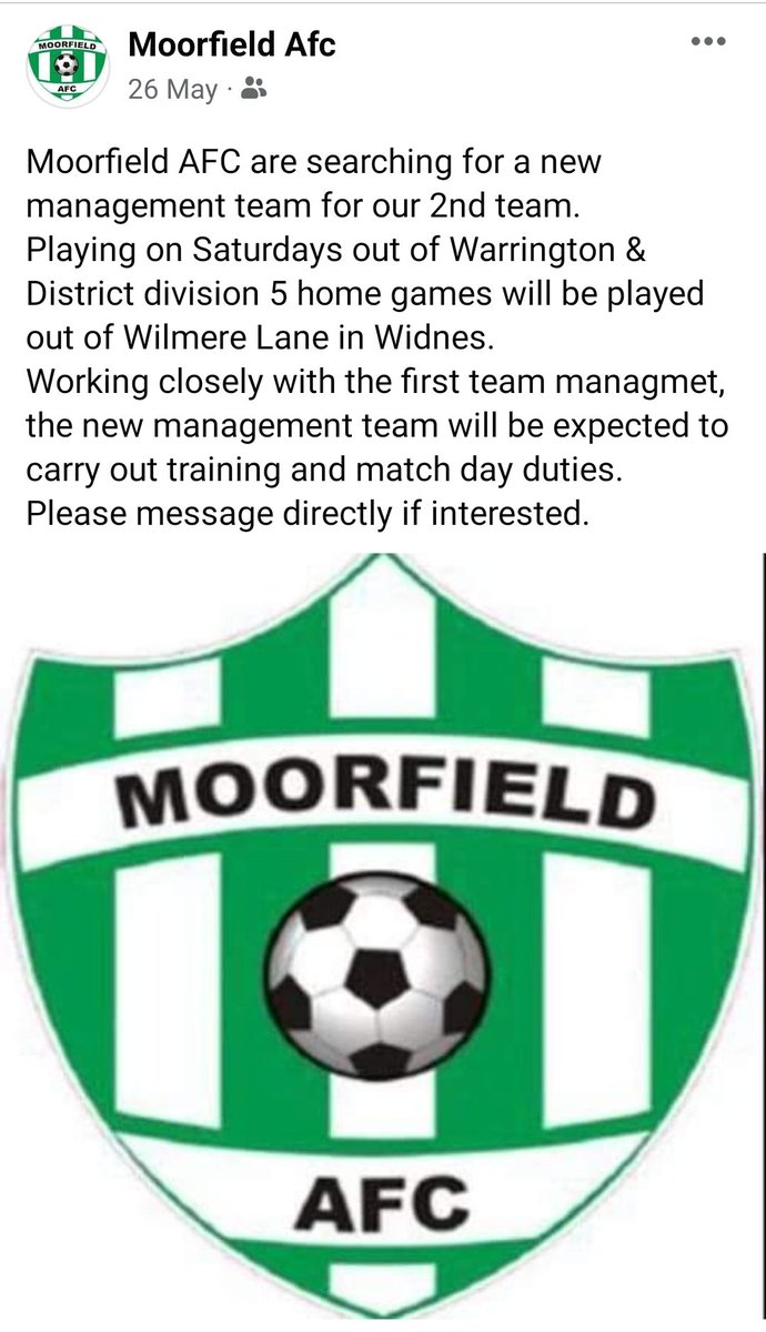 Anyone looking to get into coaching great opportunity at Moorfield AFC in Widnes

Fantastic young team looking to develop

Give me a shout and can send in the right direction