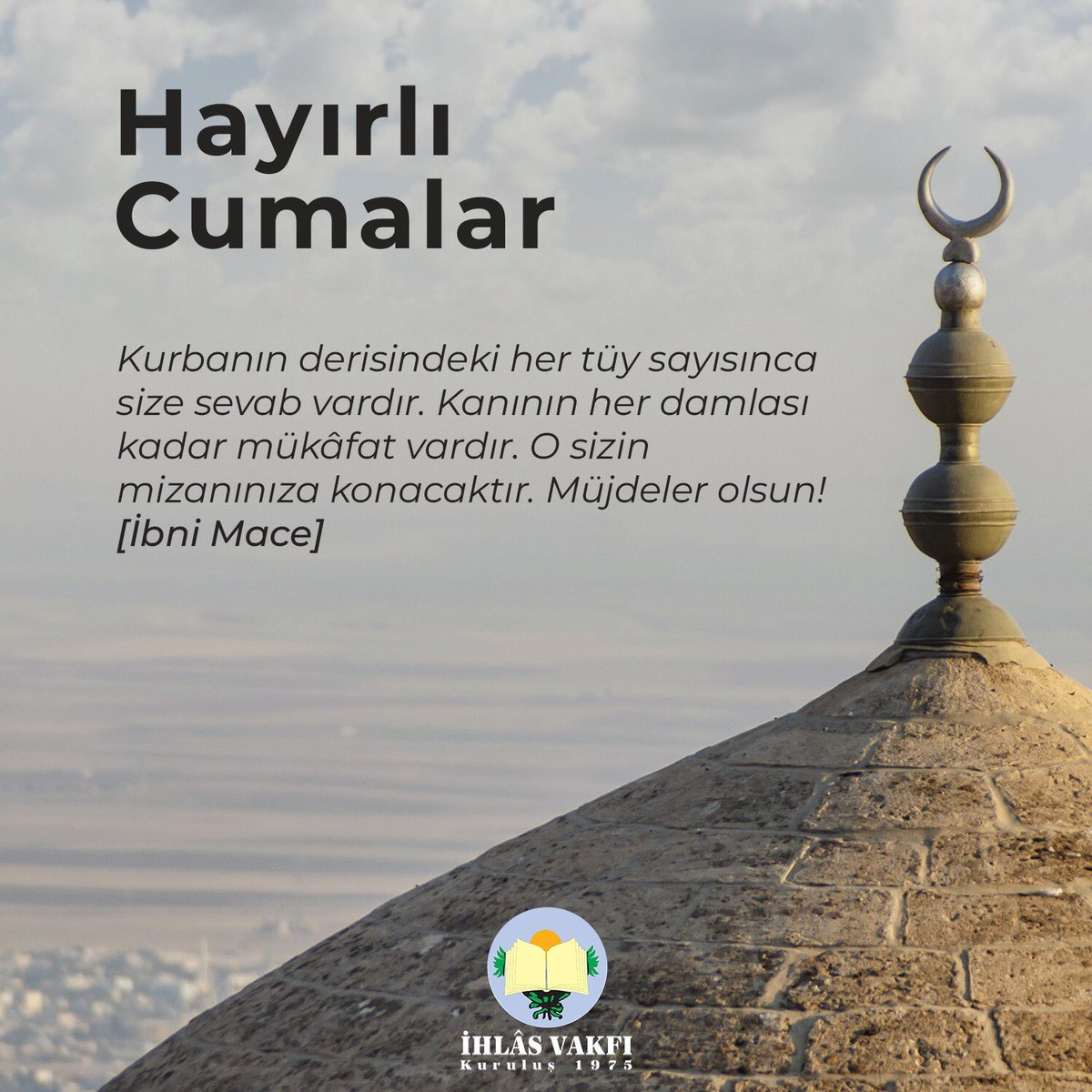 ihlasvakfi's tweet photo. Hayırlı Cumalar🌹

Kurbanın derisindeki her tüy sayısınca sevab vardır. Kanının her damlası kadar mükafat vardır. O sizin mizanınıza konacaktır. Müjdeler Olsun!
[İbni Mace] https://t.co/7y1xygEz9J