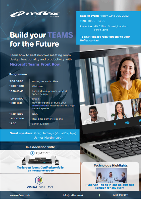 Visual_Displays's tweet photo. Visual Displays are pleased to be supporting the ‘Build your Teams for the Future’ event on Friday 22 July in London, hosted by Reflex, where VDL Director Greg Jeffreys will be a guest speaker!🤩👌
#AVtweeps @MicrosoftTeams @ReflexAV #TeamsRooms #TeamsFrontRow #VideoConferencing https://t.co/EXzj8LQ1q6