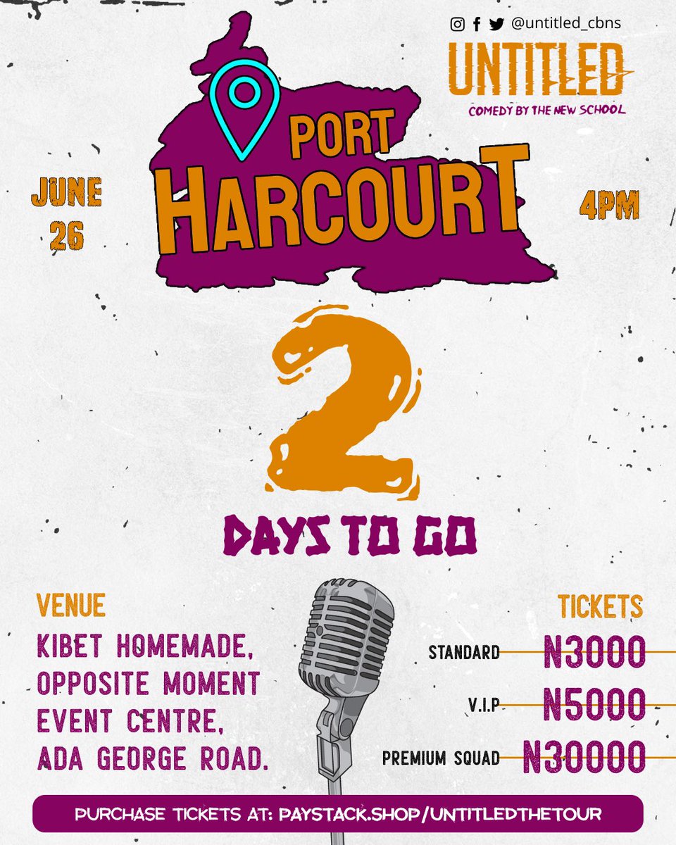 Untitled_cbns's tweet photo. 2 DAYS TO GO GUYSSS!!!!

Have you gotten your tickets?
⁣⁣⁣Don't wait till it's too late, Limited seats available o

Venue:Kibet Homemade, Opposite moment event center , Ada George road .
Date:June 26th 2022
Time: 4PM
⁣⁣⁣
#Untitled2022
#ComedyByTheNewSchool ⁣⁣⁣ https://t.co/uOaA2IeUYI
