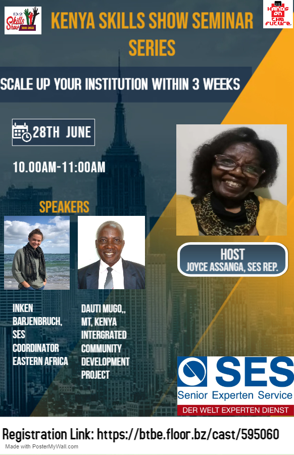 If you've missed the past sessions, we're doing one more! 
SCALEUP YOUR ENTERPRISE THROUGH GERMAN SENIOR EXPERTS' HANDS ON TECHNICAL SKILLS TRAINING.
Join us on 28th June,2022 at 10:00am
Registration Link: btbe.floor.bz/cast/595060

<a href="/tvetinkenya/">Permanent Working Group on TVET in Kenya</a> <a href="/TVETAKenya/">TVET Authority Kenya</a> <a href="/MonariPeterJ/">Monari, Peter Joseph Ph.D</a>