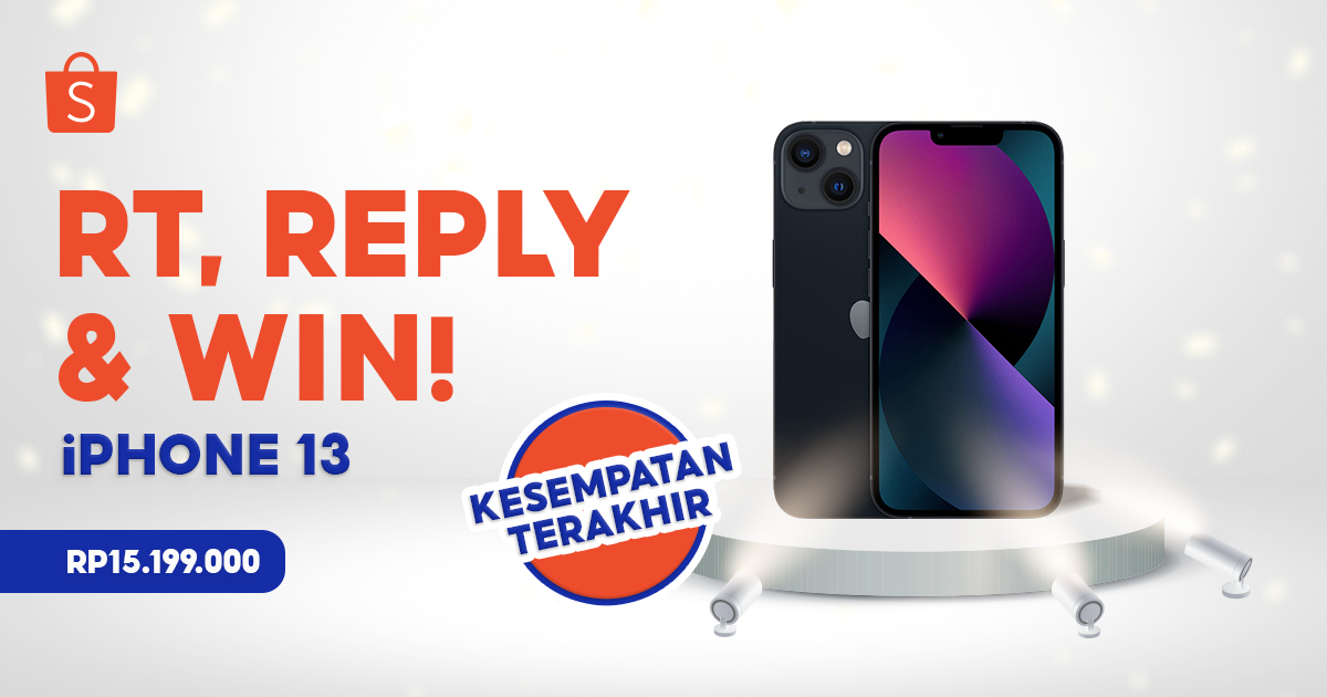 ✨ KESEMPATAN TERAKHIR UNTUK DAPETIN iPHONE 13 ✨
 
Spesial buat Sobat Shopee, mimin mau GIVEAWAY iPHONE 13 senilai 15 JUTA nih! Yuk, ikuti caranya:

1. FOLLOW @SHOPEEID 
2. RT &amp; LIKE tweet ini 
3. REPLY #iPhone13dariSHOPEE maks.10x aja!

Good luck!