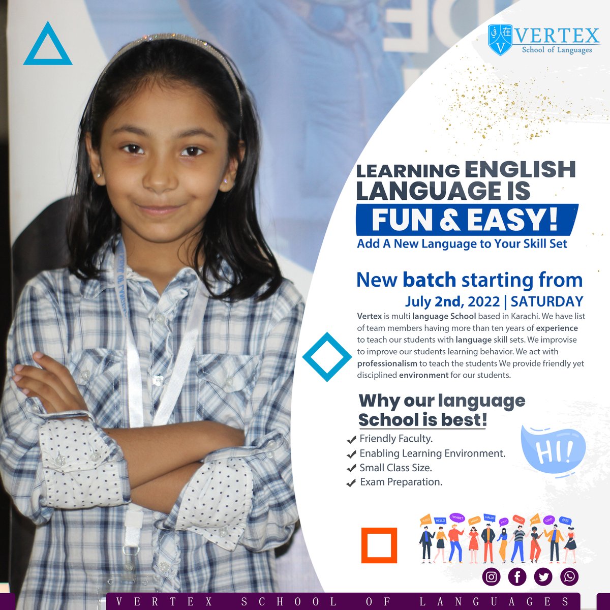 Vertex_School's tweet photo. Vertex helps you overcome the fear of treading in uncharted waters. Take the fear of learning a new language and learn with confidence with Vertex. We made learning language easy, fun, and affordable for you. Take the fear out of*

#Vertex #schooloflanguages #languagefun #vertex https://t.co/jNABDsnwR7
