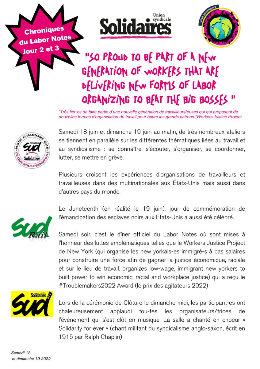 UnionSolidaires's tweet image. 📝Chronique de la conférence de Labor Notes - J2 et J3 : "So proud to be part of a new generation of workers that are delivering new forms of labor organizing to beat the Big Bosses"
#LaborNotes2022 #LaborNotes
#syndicalisme