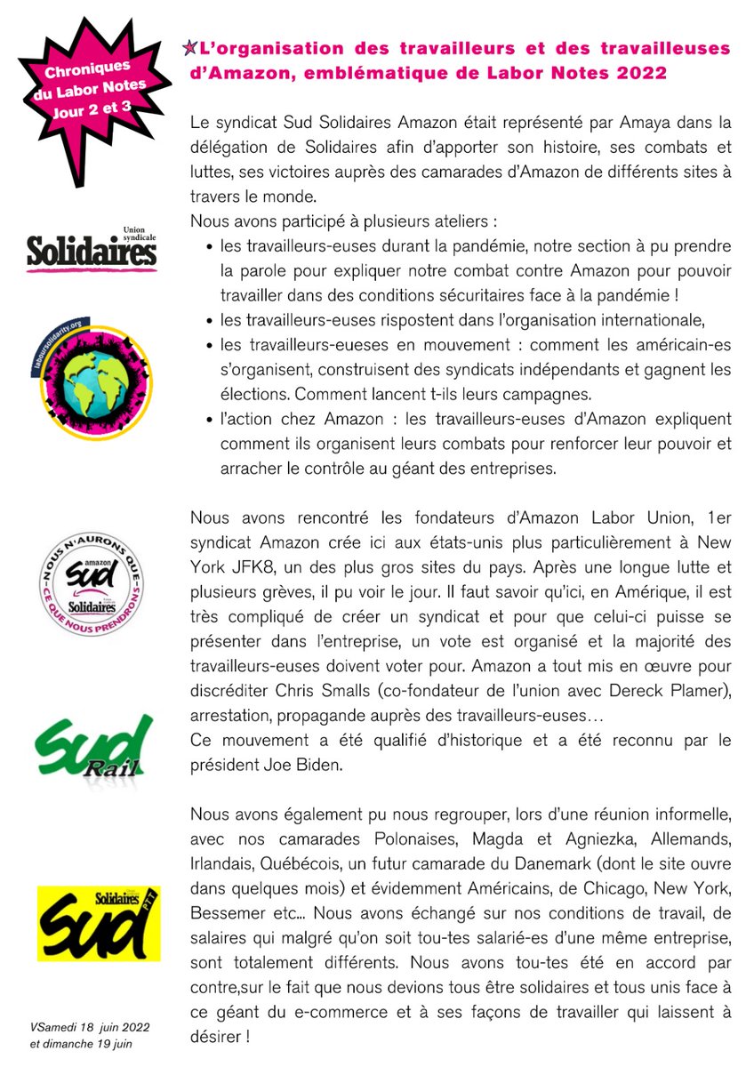 UnionSolidaires's tweet image. 📝Chronique de la conférence de Labor Notes - J2 et J3 : "So proud to be part of a new generation of workers that are delivering new forms of labor organizing to beat the Big Bosses"
#LaborNotes2022 #LaborNotes
#syndicalisme