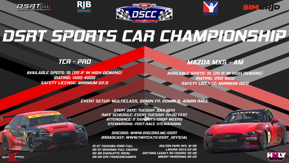 DSRT Sports Car Championship
 
Containing the Mazda MX-5 and the TCR class, this league is aimed at both rookies and advanced drivers to have a level playing field. 

For more information join our discord: discord.me/dsrt

Sign-up?
thesimgrid.com/championships/…