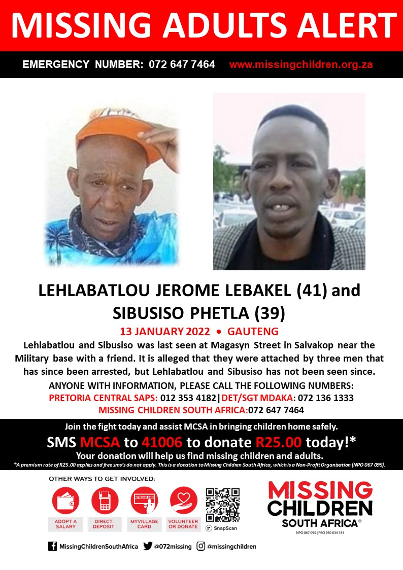 072MISSING's tweet photo. #MCSAMissing 

Lehlabatlou Jerome Lebakel (41) and Sibusiso Phetla (39) was last seen 13 January 2022

If you personally, or your company | or your place of work, would like to make a donation to #MCSA, please click here to donate: https://t.co/cjFxxi4knV https://t.co/9lY3IUpEoO