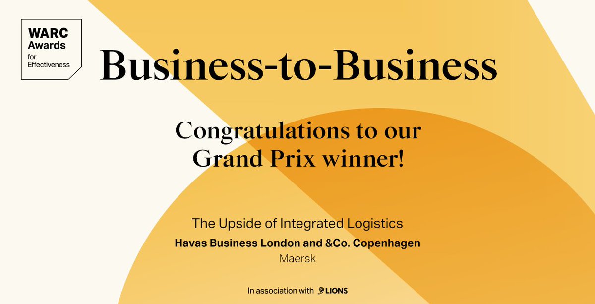 Huge congrats to everyone at Havas Business London, &amp;Co. Copenhagen and Maersk for The Upside of Integrated Logistics, our Business-to-Business Grand Prix winner at the WARC Awards for Effectiveness 2022 🎉 

bddy.me/3OGYUpQ