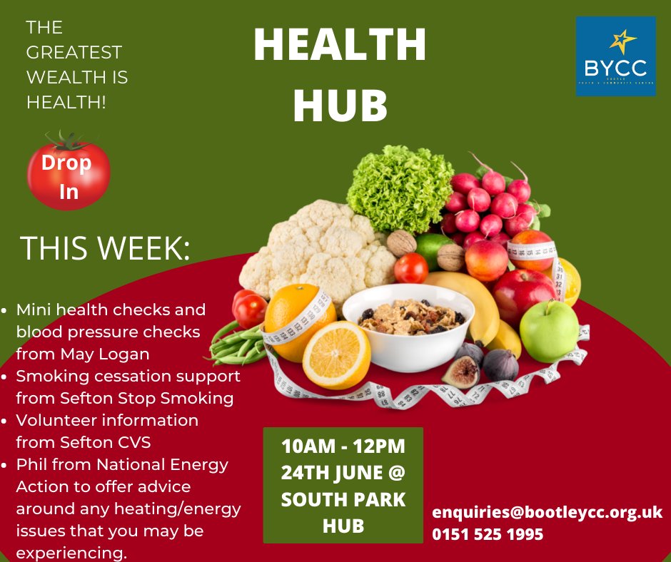 🥗 #HEALTHHUB IS TODAY! 🥗 
Come&amp;see us, 10-12pm at South Park Hub, opp. play area in South Park.
🚬 #SeftonStopSmoking - Supportive, advisory &amp; signposting services.
📝 #SeftonCVS - Volunteer advice &amp; support.
🩺 #MayLogan - FREE health &amp; blood pressure checks. 
#healthiswealth