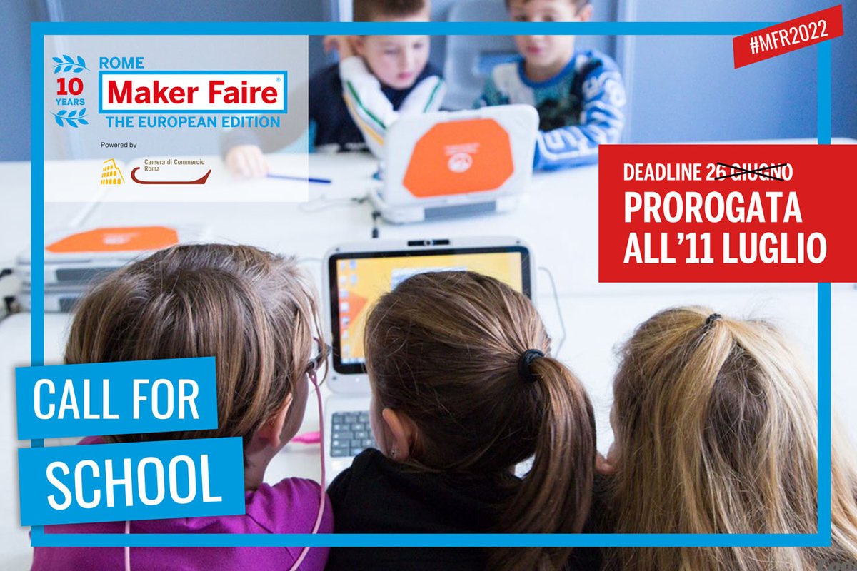 Dai banchi di #scuola a #MFR2022... il passo è breve! Tra esami interrogazioni finali non hai avuto tempo di perfezionare il tuo progetto? No panic: la scadenza della #CallForSchool è prorogata all'11 luglio!
Candida ora la tua proposta: ti aspettiamo ▶ ow.ly/92n650JERPA