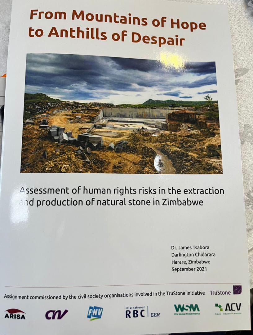 Happening Now: NL Dep. Head of Mission, Eva van Woersem launching the report “From Mountains of Hope to Anthills of Despair.” A report highlighting the human rights risks in the extraction & production of natural stone such as black granite mining in Mutoko and Mt. Darwin.