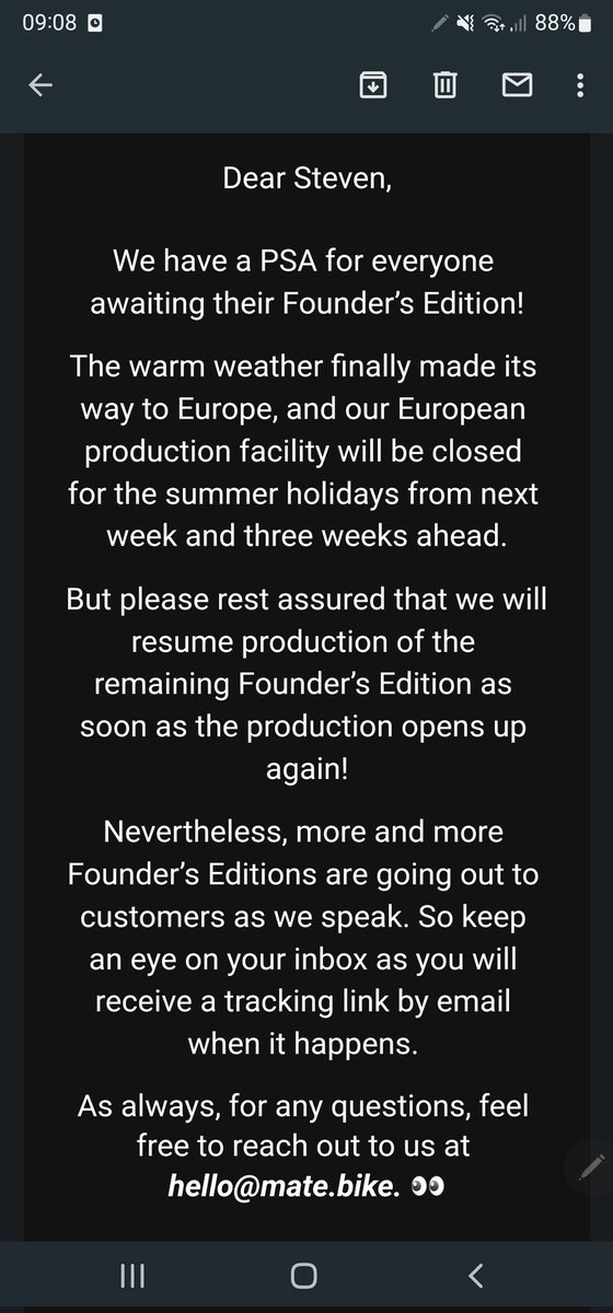 ste871120's tweet photo. @mate_bike a company who make bikes decide to have a 'summer holiday' for thier production facilities right as more poeoe people are likely to ride/want a bike for summertime 🤔

Yet another delay to me and others who have invested in the company and purchased a bike too..😑 https://t.co/JYooQ1OwL1