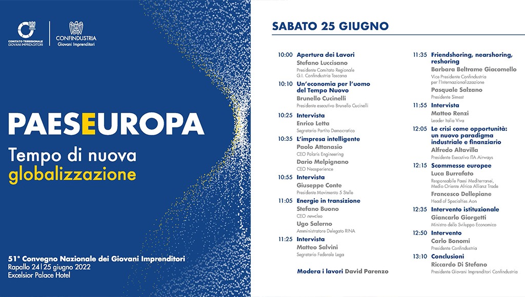 Il Presidente <a href="/PSalzano/">Pasquale Salzano</a> interverrà, domani #25giugno  a #Rapallo,  a #PaesEuropa, 51° convegno nazionale di <a href="/GIConfindustria/">GI Confindustria</a>, quest'anno dedicato al futuro dell' #UnioneEuropea.

Segui la diretta streaming su giovanimprenditori.org