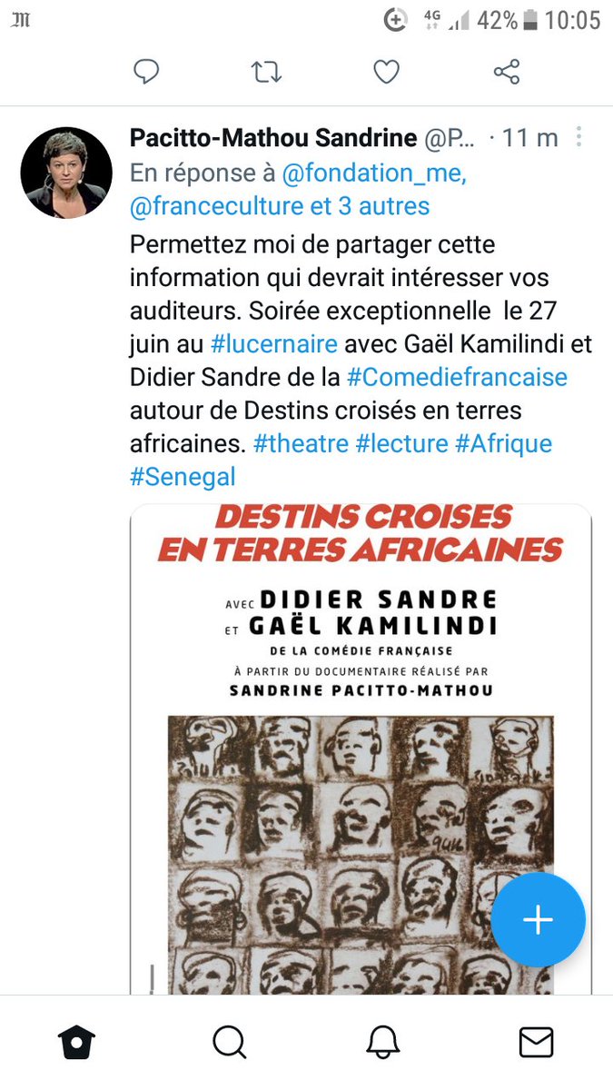 PacittoMathou's tweet photo. @BabethLemoine @France5tv @cavousf5 Permettez moi de partager cette information. Soirée exceptionnelle le 27 juin au #lucernaire avec Didier Sandre et Gaël Kamilindi de la #Comediefrancaise autour de "Destins croisés en terres africaines". #lecture #theatre #Afrique #Senegal https://t.co/zdzsDx0zhI