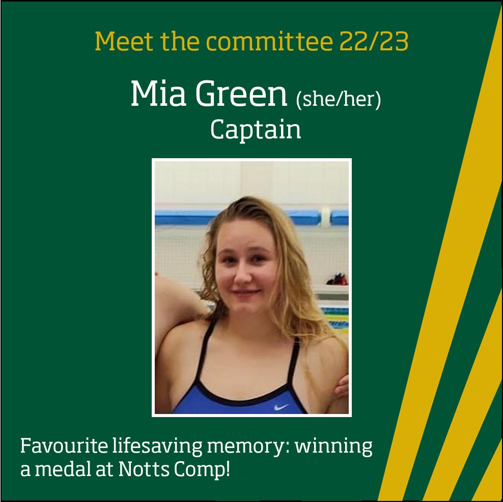 Introducing our club Captain, Mia! 

Mia is incredibly highly qualified as a lifeguard and lifesaving assessor, bringing loads of experience to her training sessions.

💚💛💚💛

#weareuon #greenandgold #lifesaving #committee  #captain

<a href="/UoNSport/">University of Nottingham Sport</a> <a href="/BULSCA/">BULSCA</a>