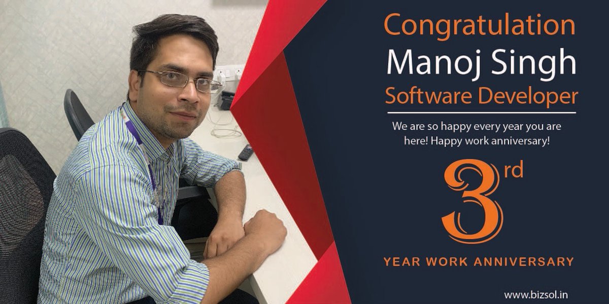 BizSol_ERP's tweet photo. Congratulation’s Mr. Manoj Singh ji for completing 3 year at BizSol Technologies (P) Ltd. 

| #thankyou | #teambizsol | #congratulations | #anniversary | https://t.co/GNIULqv9My