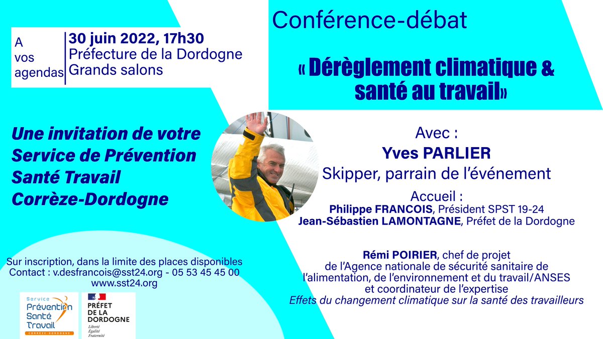 🚨 Conférence débat 🚨

👉 Adhérent.e, le <a href="/SST_24/">SPST 19-24</a> vous invite le 30 juin prochain à une conférence débat portée sur le dérèglement climatique et la santé au travail. 

🤝 Parrain de l'évènement, Yves Parlier sera présent lors de cet évènement.

#cpme #tpe #pme #conférence #santé