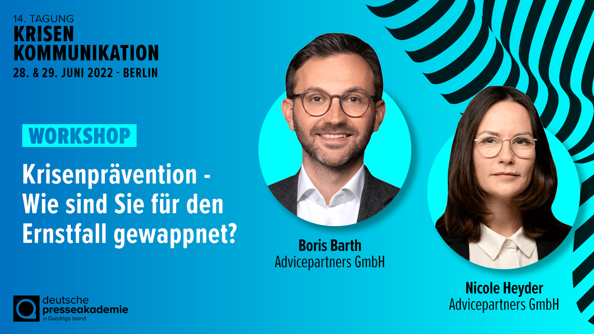 ADVICE PARTNERS (@advice_partners) on Twitter photo Ist Ihr Unternehmen für die #Krise gut aufgestellt? Welche Expert:innen benötigen Sie im Krisenstab? Auf der Tagung #Krisenkommunikation der <a href="/realdepak/">Deutsche Presseakademie</a> / <a href="/QuadrigaBerlin/">QuadrigaBerlin</a> am 28. Juni zeigen Nicole Heyder & Boris Barth, wie Sie sich auf einen #Krisenfall vorbereiten können. Ist Ihr Unternehmen für die #Krise gut aufgestellt? Welche Expert:innen benötigen Sie im Krisenstab? Auf der Tagung #Krisenkommunikation der <a href="/realdepak/">Deutsche Presseakademie</a> / <a href="/QuadrigaBerlin/">QuadrigaBerlin</a> am 28. Juni zeigen Nicole Heyder & Boris Barth, wie Sie sich auf einen #Krisenfall vorbereiten können.