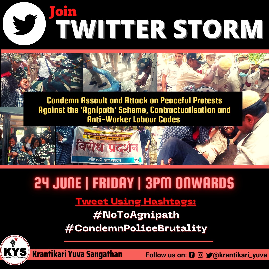 DelhiKys's tweet photo. KYS urges all democratic voices to join hands against contractualisation and privatisation in the public sector and for the unity of the labouring masses against exploitation.

Join Twitter Storm
24 June | Friday | 3 PM Onwards
Use Hashtags
#NotoAgnipath 
#CondemnPoliceBrutality https://t.co/ezzQXeZ7et