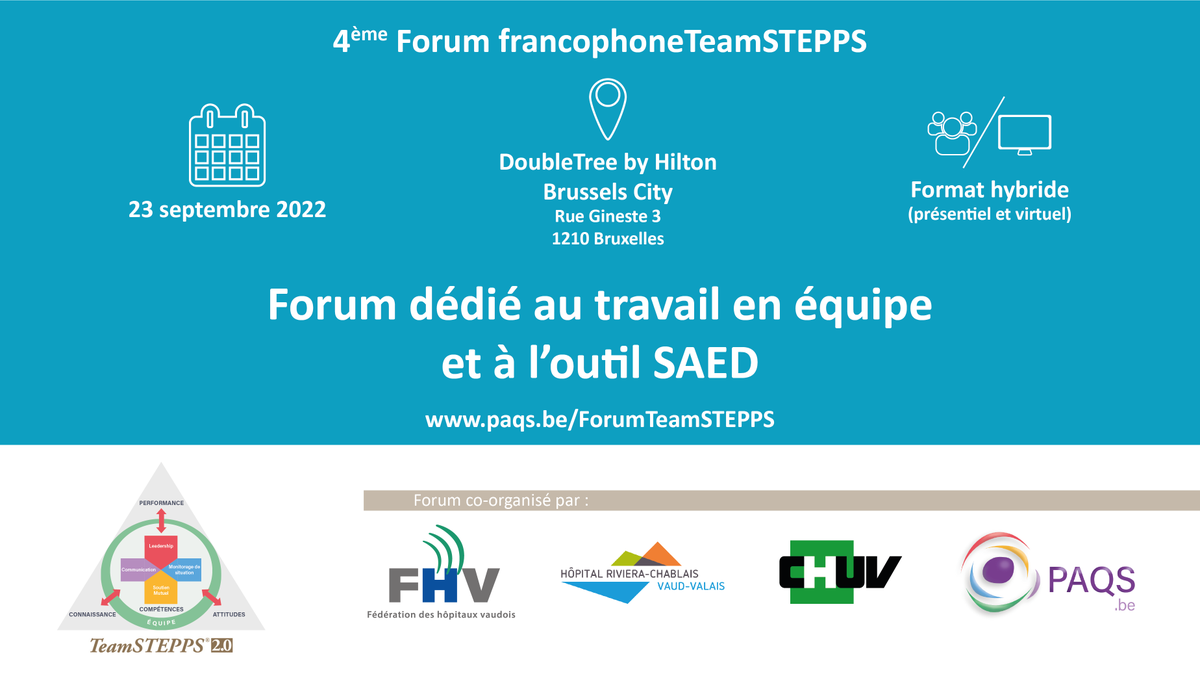 Avez-vous déjà observé des problèmes de communication au sein de votre équipe ? Vous souhaitez trouver des solutions ? La conférence dédiée au travail en équipe est pour vous !

Rendez-vous le 23 septembre à Bruxelles ! 
 
Infos &amp; inscriptions : paqs.be/ForumTeamSTEPPS