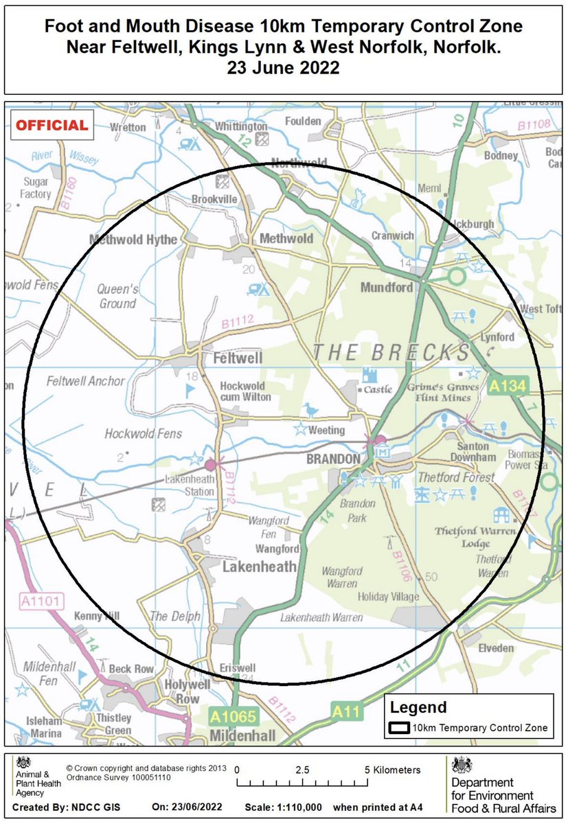Breaking: Suspected outbreak of #FootAndMouth disease sees 10km control zone declared on Norfolk / Suffolk border.

To be clear: at the moment, this is precautionary. Zone centres on a pig farm but outbreak &amp; animal species involved is unconfirmed.

assets.publishing.service.gov.uk/government/upl…