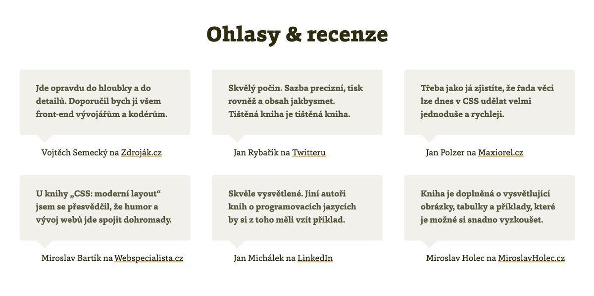 machal's tweet photo. Dneska jsem na web přidal ohlasy na knížku. Jsou to samé spokojené až nadšené reakce.
Trošku se červenám, ale zároveň mám samozřejmě radost z toho, že dva a půl roku práce vedly k něčemu, co lidem pomáhá.
https://t.co/kMYITFwV86
#VdCSSLayout https://t.co/dRGXRr3BX1