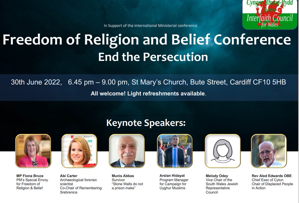 Freedom of Religion and Belief Conference: End the persecution.

🗓️30th June 645pm-9pm
⛪️At <a href="/stmarysCF10/">St Mary's Church, Cardiff 🧡</a> 

with <a href="/alededwardscym/">Aled Edwards 🏴󠁧󠁢󠁷󠁬󠁳󠁿</a> <a href="/AbiCarterCSI/">Abi Carter</a> <a href="/CymruInterfaith/">InterfaithCymru</a>