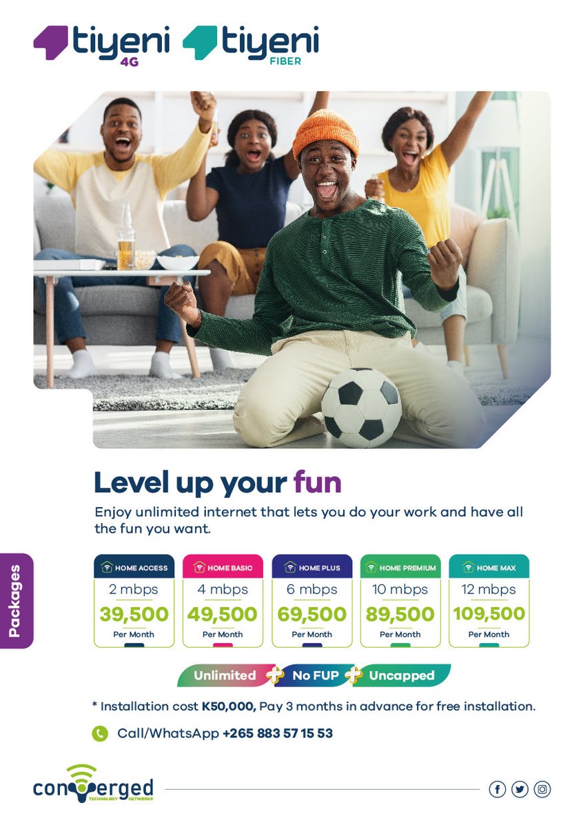 Don’t miss another game. Watch it live with uninterrupted streaming over our unlimited internet. Available on fiber in Blantyre and fiber and 4G in Lilongwe. Holla! wa.me/265883571553