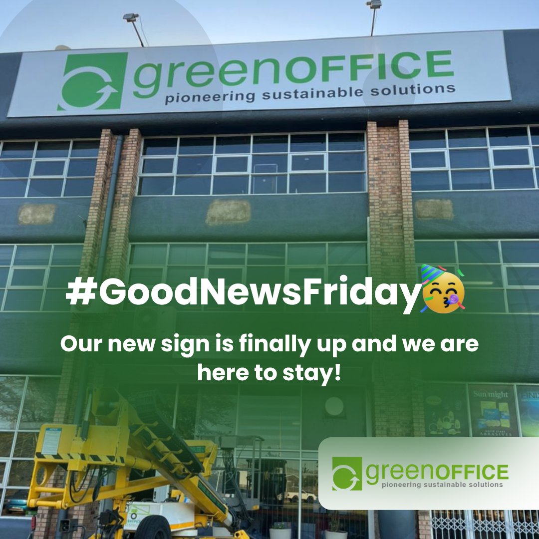 It's #GoodNewsFriday! Our new sign is finally up and we are here to stay!🥳🎉

Thanks to all the Green Office supporters for your continued support. We will wake up every day to make our and your business more efficient and sustainable.

#GreenOffice #GoodNewsFriday