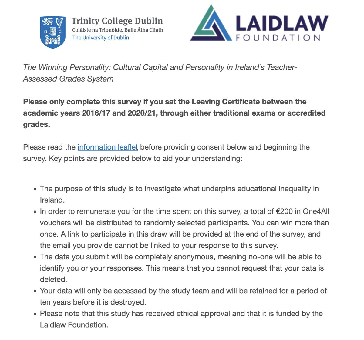 Did you sit the #LeavingCertificate between the academic years 2016/17 and 2020/21? 

Help us find out about inequalities in the Irish education system and take part in a prize draw to win 1 of 8 €25 One4All vouchers. 

Take this 5-min survey: tcdecon.qualtrics.com/jfe/form/SV_bd…

#edchatie