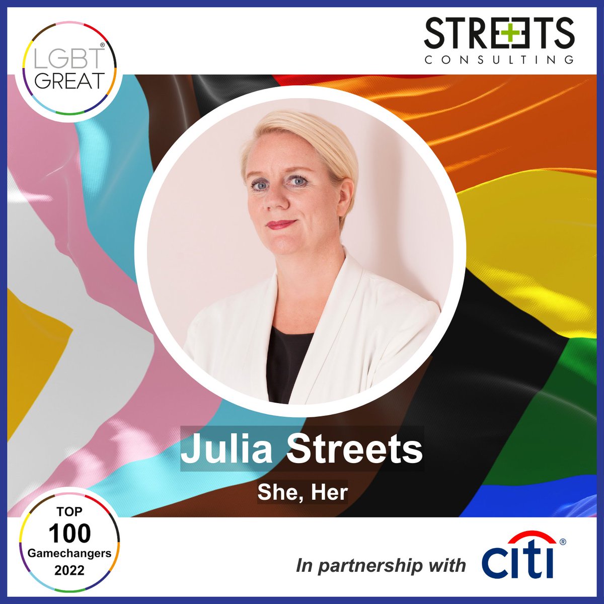 StreetsConsult's tweet photo. We are delighted to see our CEO and Founder @streets_julia featured in the @LGBTGreat #Top100Gamechangers 2022! This inspiring initiative is shining a light on those making a difference to #DEI within financial services. Check out the full list! https://t.co/GNY6JwTQjY https://t.co/oyRQAwjLcw