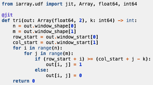 ironArray's tweet photo. If you need constructors tailored to your needs, you can easily code them via our powerful User Defined Functions (UDFs).
E.g. the UDF below can build a triangular matrix at 3x the speed of NumPy and up to 5x faster than Numba (fully multi-threaded), while using 100x less memory. https://t.co/bIV4mtL1eZ