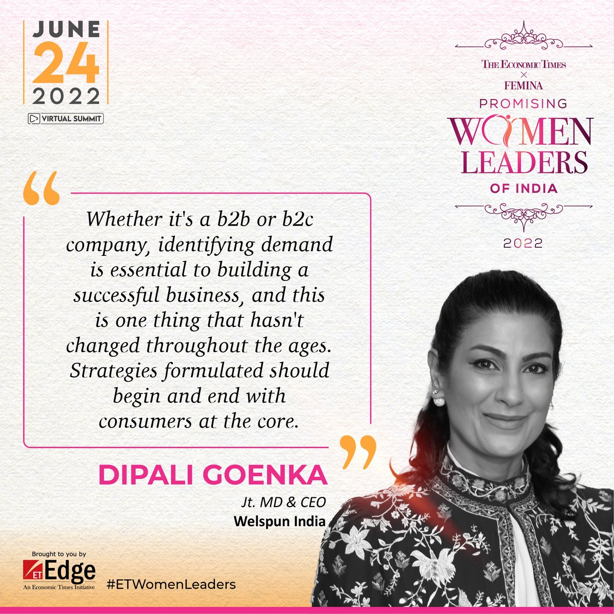 ET_Edge's tweet photo. #ETWomenLeaders | Here’s a key takeaway by Dipali Goenka, Jt. MD & CEO, @TheWelspunGroup India at The Economic Times and @FeminaIndia presents Promising Women Leaders of India 2022
Know More: https://t.co/tETRIgsnga
#ETEdge #ETUnwired #ECommerce #retail #DigitalChannel https://t.co/2XwV6Ca39o