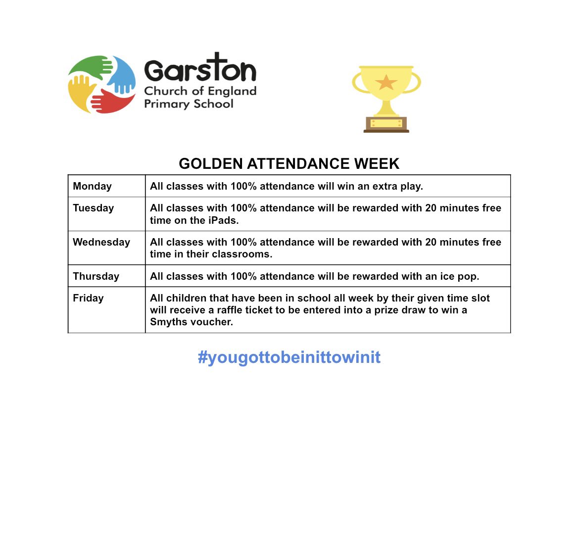Next week at Garston we are having a Golden Attendance Week. All you have to do is come to school each day and be on time. #yougottabeintowin <a href="/GarstonCE/">GarstonCE</a> <a href="/RainbowEduMAT/">Rainbow Education MAT</a>